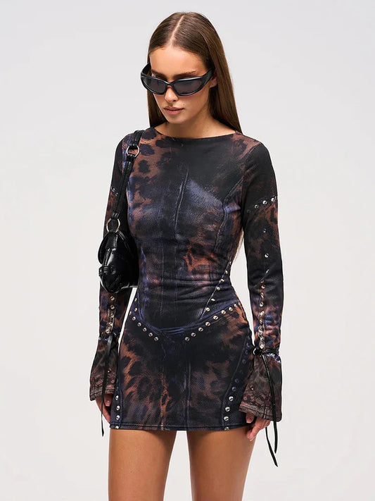 Leopard Rivet Gradient Gothic Mini Dress