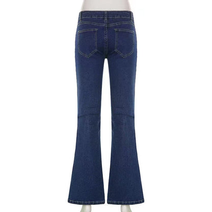 DressBetty - Star Printed Streetwear Vintage Low Waist Pockets Blue Denim Skinny Flare Jeans