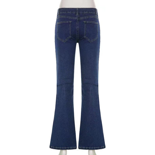 DressBetty - Star Printed Streetwear Vintage Low Waist Pockets Blue Denim Skinny Flare Jeans