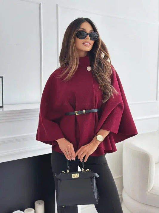 Stand Collar Cloak Top With Belt
