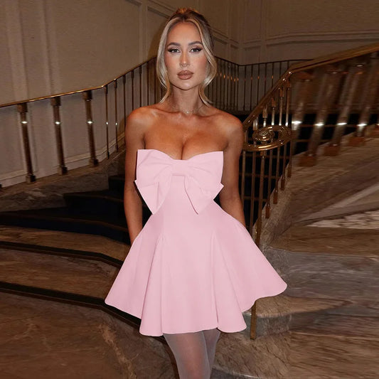 Strapless Bow Ruffle Elegant Gothic Mini Dress