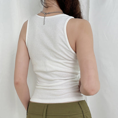 DressBetty - Slim Knitted Vest White Sleeveless O Neck Butterfly Vintage Print Tank Crop Tops