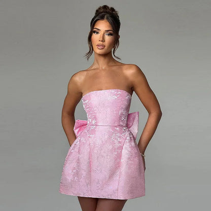 Bow Backless Jacquard A Line Mini Dress