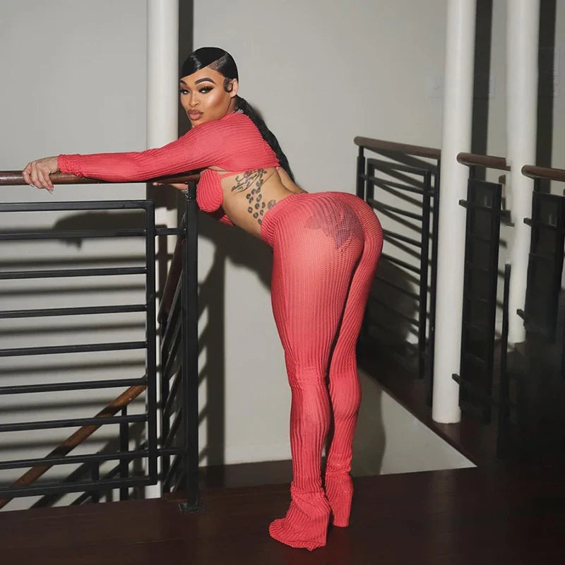 Mesh Spike Bra Bandage Two Piece Pants Set