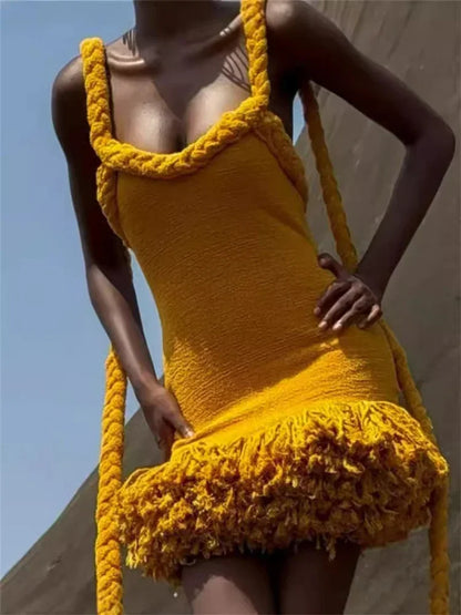 Fluff Patchwork Bandage Halter Mini Dress