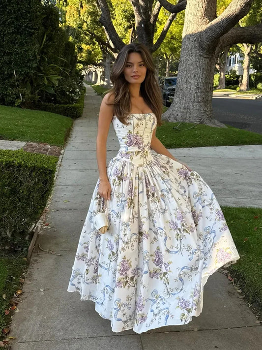 High Waist Pleated Sleeveless Floral Dress