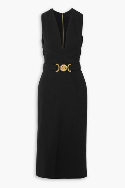 Saple V-neck Belted Embellished Midi Bandage Dress