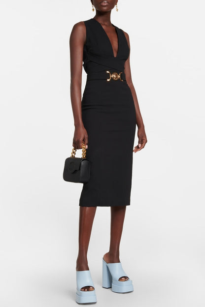 Saple V-neck Belted Embellished Midi Bandage Dress