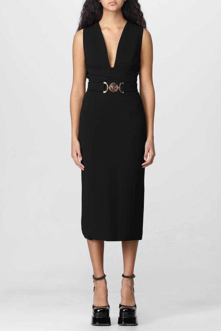 Saple V-neck Belted Embellished Midi Bandage Dress