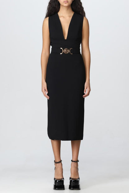 Saple V-neck Belted Embellished Midi Bandage Dress
