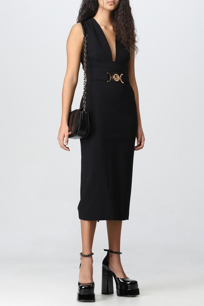 Saple V-neck Belted Embellished Midi Bandage Dress