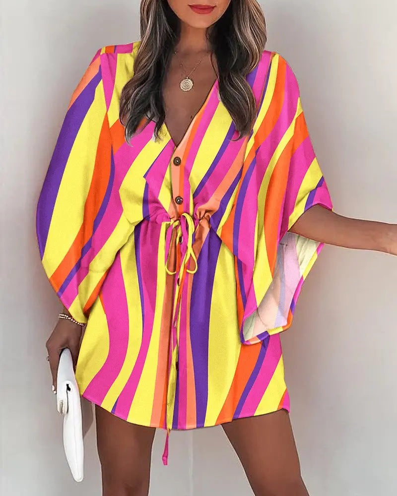 DressBetty - Casual Flora Print Batwing Sleeve Lace-Up Dress