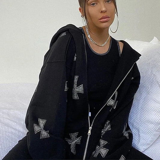 Rhinestone Zip Black Hoodie