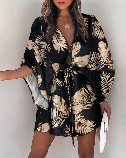 DressBetty - Casual Flora Print Batwing Sleeve Lace-Up Dress