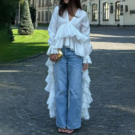 Ruffles V-neck Long Sleeve Casual Blouse