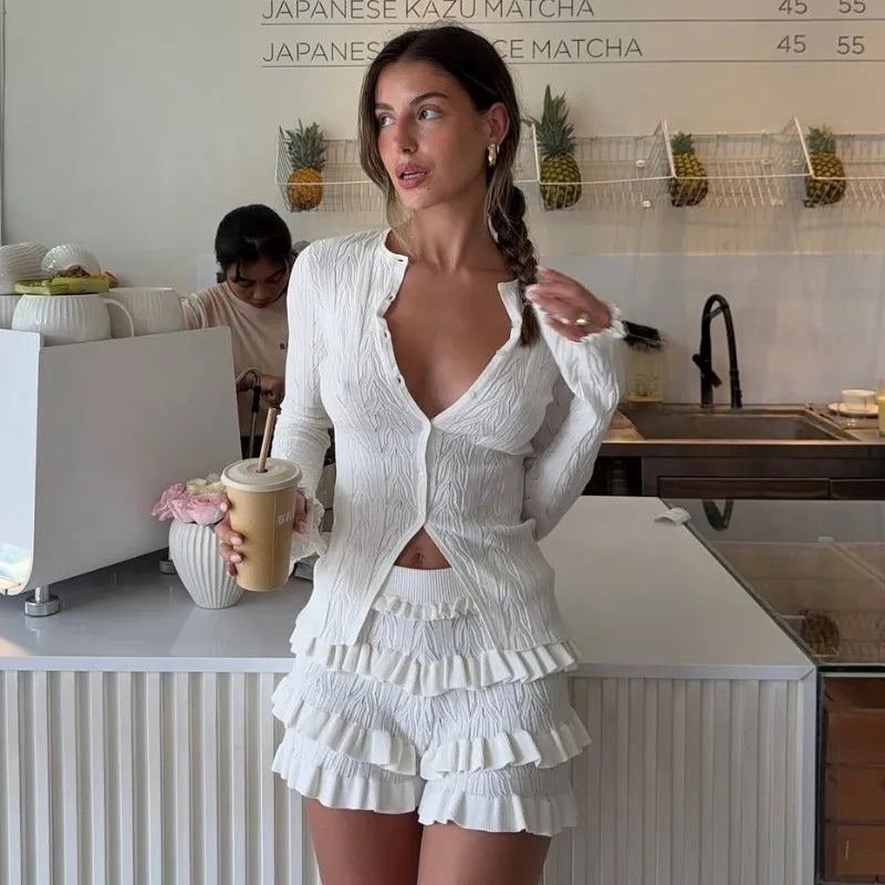 Knit Cardigan Ruffle Sleeve Top Solid Two Piece Shorts Set