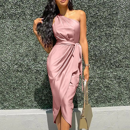 DressBetty - 2024 Sexy Green Asymmetrical One Shoulder Satin Ruched Midi Dress
