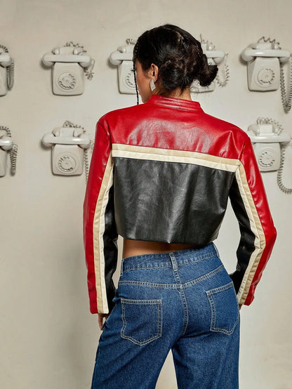 Patchwork Letter Zip Crop Jacket