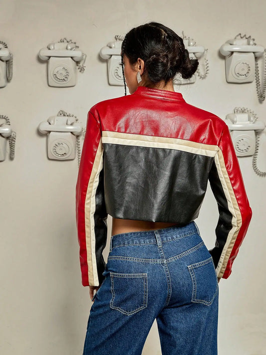 Patchwork Letter Zip Crop Jacket
