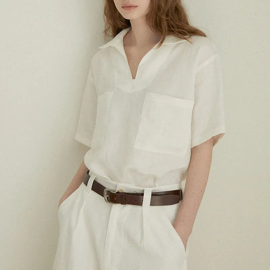 100% Linen V-neck Short Sleeve Blouse