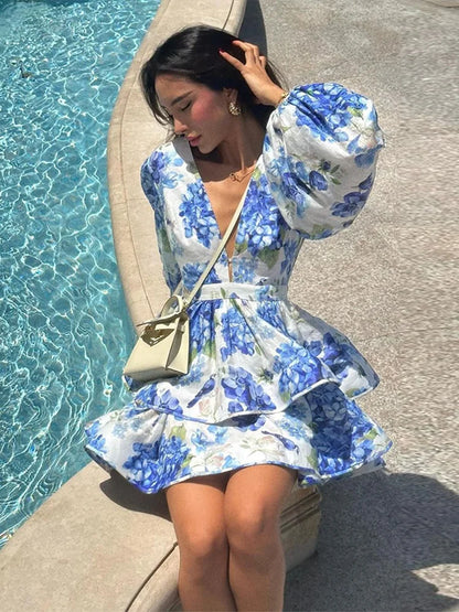 Print Ruffle Long Sleeve A-Line Mini Dress