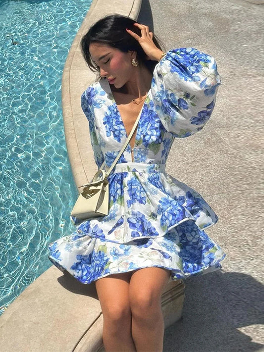 Print Ruffle Long Sleeve A-Line Mini Dress