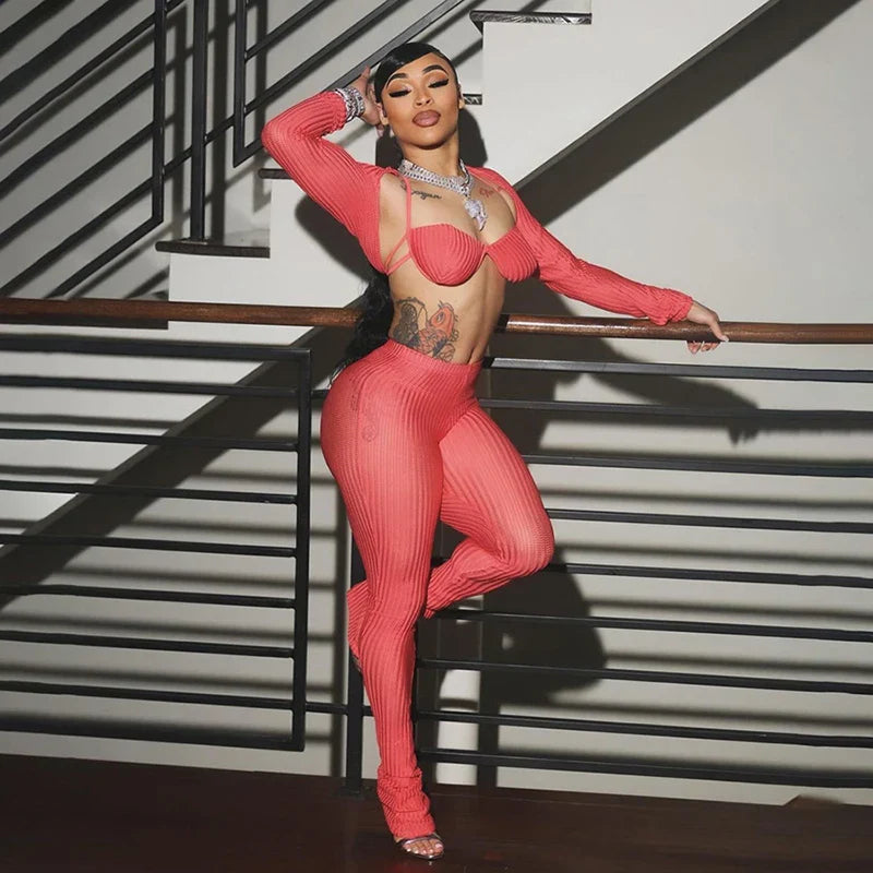 Mesh Spike Bra Bandage Two Piece Pants Set