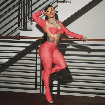 Mesh Spike Bra Bandage Two Piece Pants Set