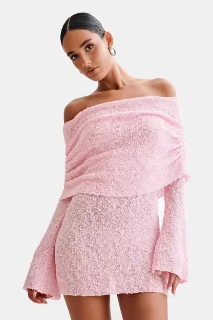Knitted Slash Neck Vacation Mini Lace Dress