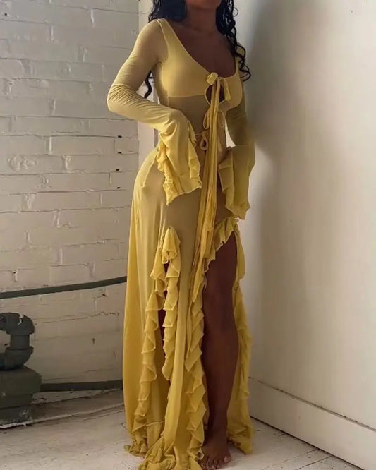 Ruffled Slit V-neck Maxi Dress