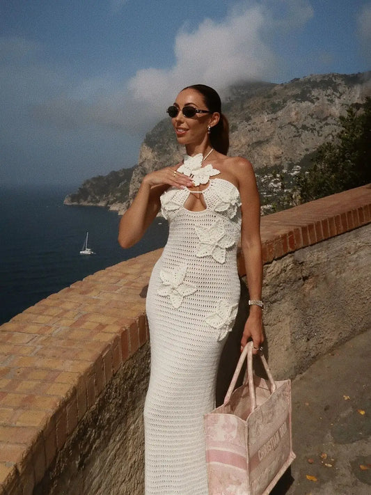 3D Flower Halter Hollow Floral Dress