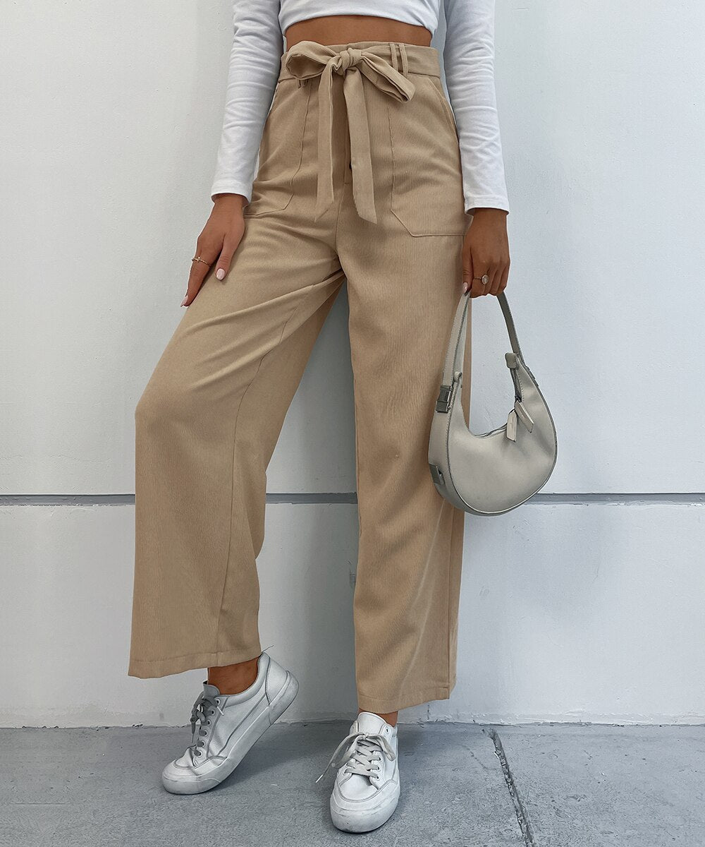 DressBetty - Solid Corduroy Belted Wide Leg Pants