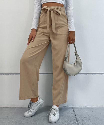 DressBetty - Solid Corduroy Belted Wide Leg Pants