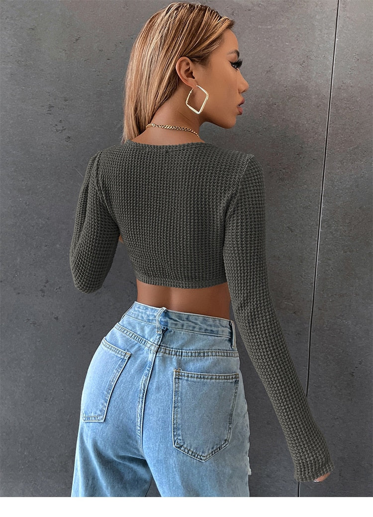 DressBetty - Long Sleeve Square Neck Knitted Crop Top Women Y2k Sexy T Shirts