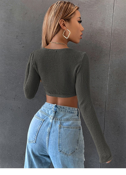 DressBetty - Long Sleeve Square Neck Knitted Crop Top Women Y2k Sexy T Shirts