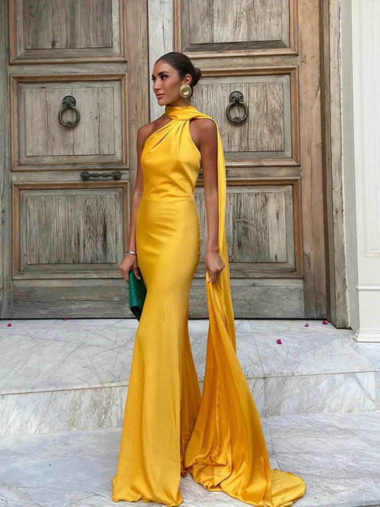 Satin Scarf Collar Halter Maxi Dress