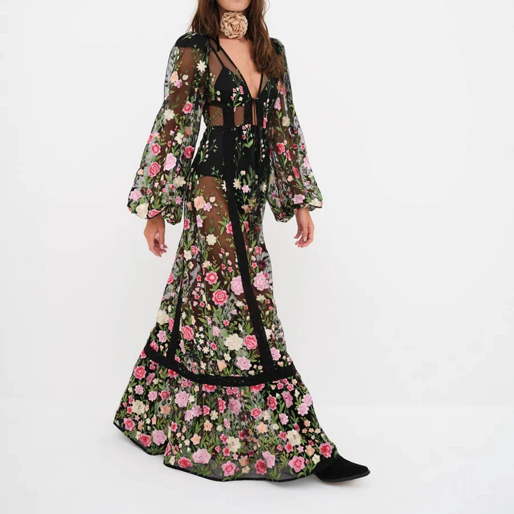 Sheer Lace Embroidery Floral Dress
