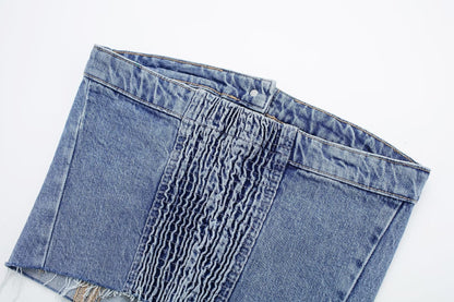 DressBetty - Blue Denim Buttoned Bandeau Top High Street Vintage Slim Female Chic Short Tops