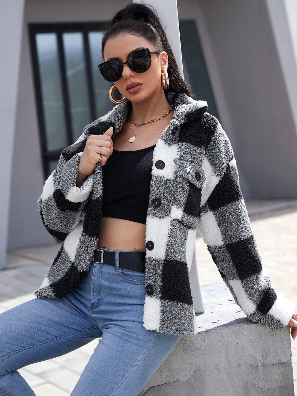 DressBetty - Plush Plaid Flap Pocket Coat