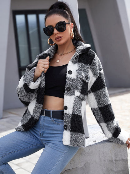 DressBetty - Plush Plaid Flap Pocket Coat