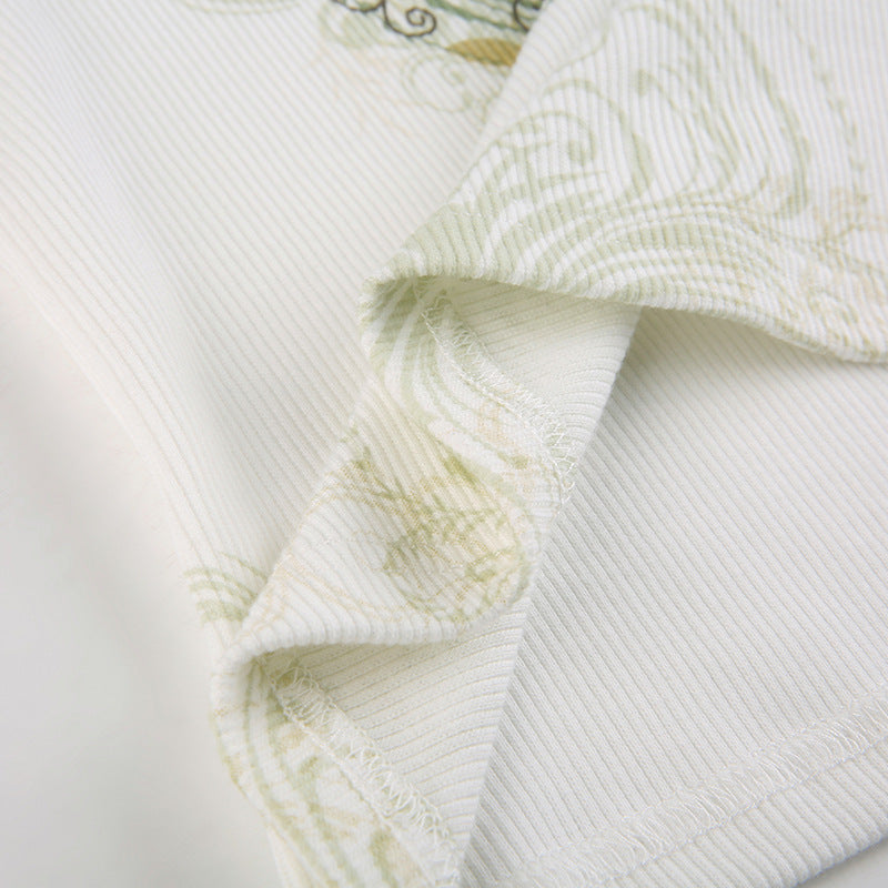DressBetty - Slim Knitted Vest White Sleeveless O Neck Butterfly Vintage Print Tank Crop Tops