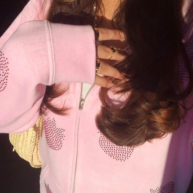 Strawberry Rhinestone Zip Hoodie