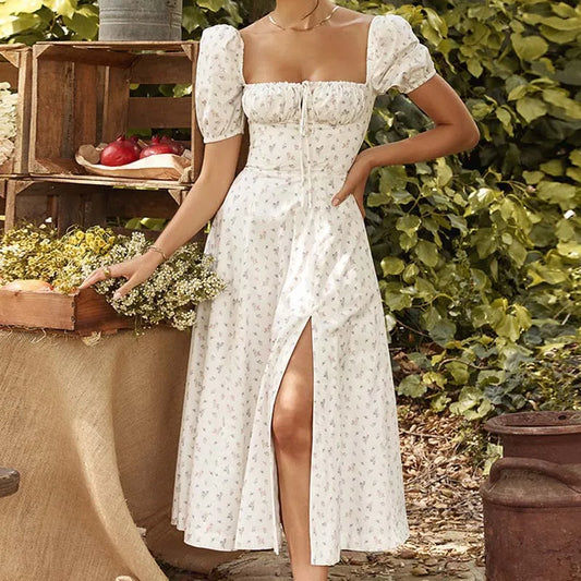 Split Short Sleeve A Line Floral Dress
