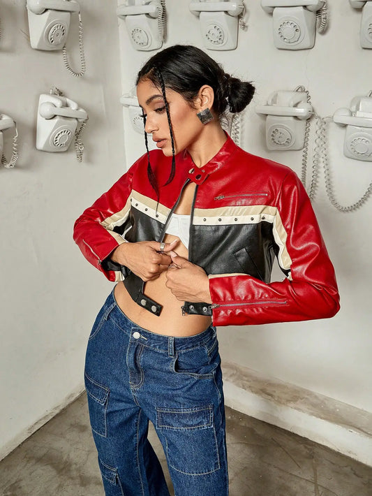 Patchwork Letter Zip Crop Jacket