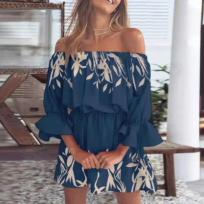 Slash Neck Flare Sleeve Mini Floral Dress