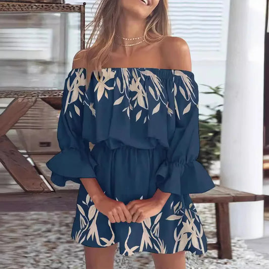 Slash Neck Flare Sleeve Mini Floral Dress