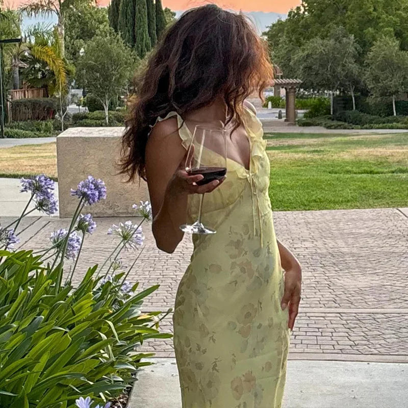 Cami Slim Bow Backless Spaghetti Floral Dress