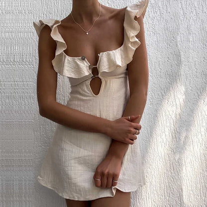 Hollow Ruffled Cotton Beach Gothic Mini Dress