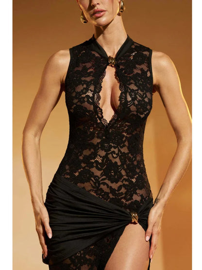 High Slit See-Through Elegant Lace Dress