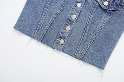 DressBetty - Blue Denim Buttoned Bandeau Top High Street Vintage Slim Female Chic Short Tops